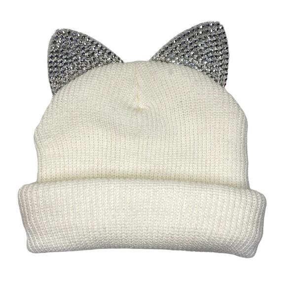 Cat Ear Beanie Rhinestone and Mirror Ears Ivory Colored OS - Picture 4 of 5